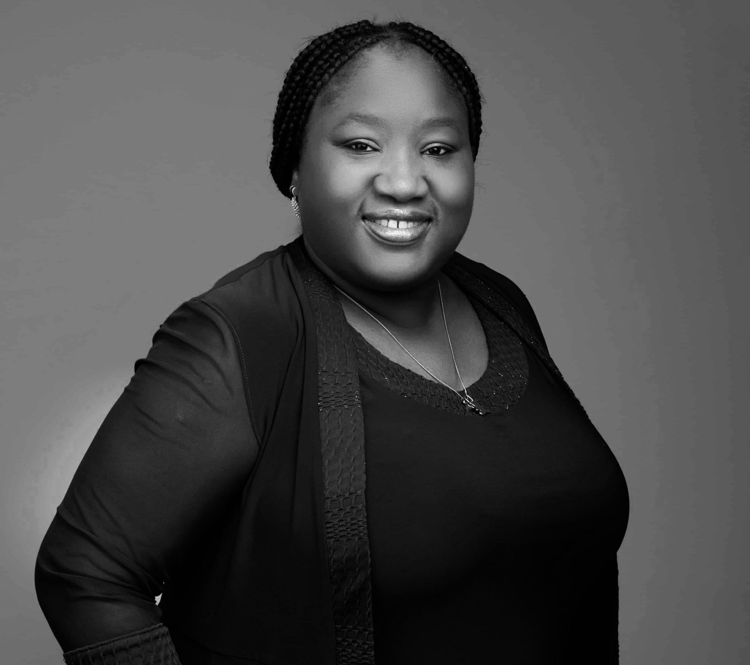 A black and white image of Titilope Agbelemoge